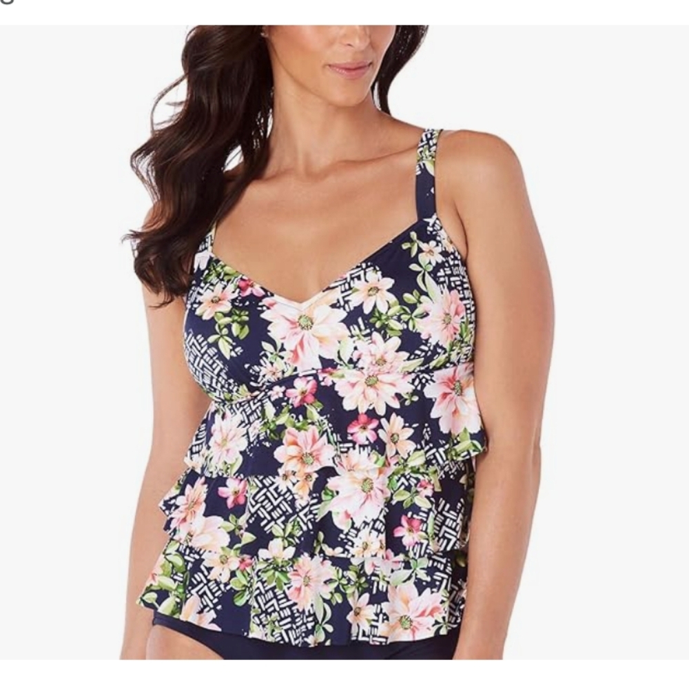 Navy And Pink Womens Floral Tankini Top EUC Size 12